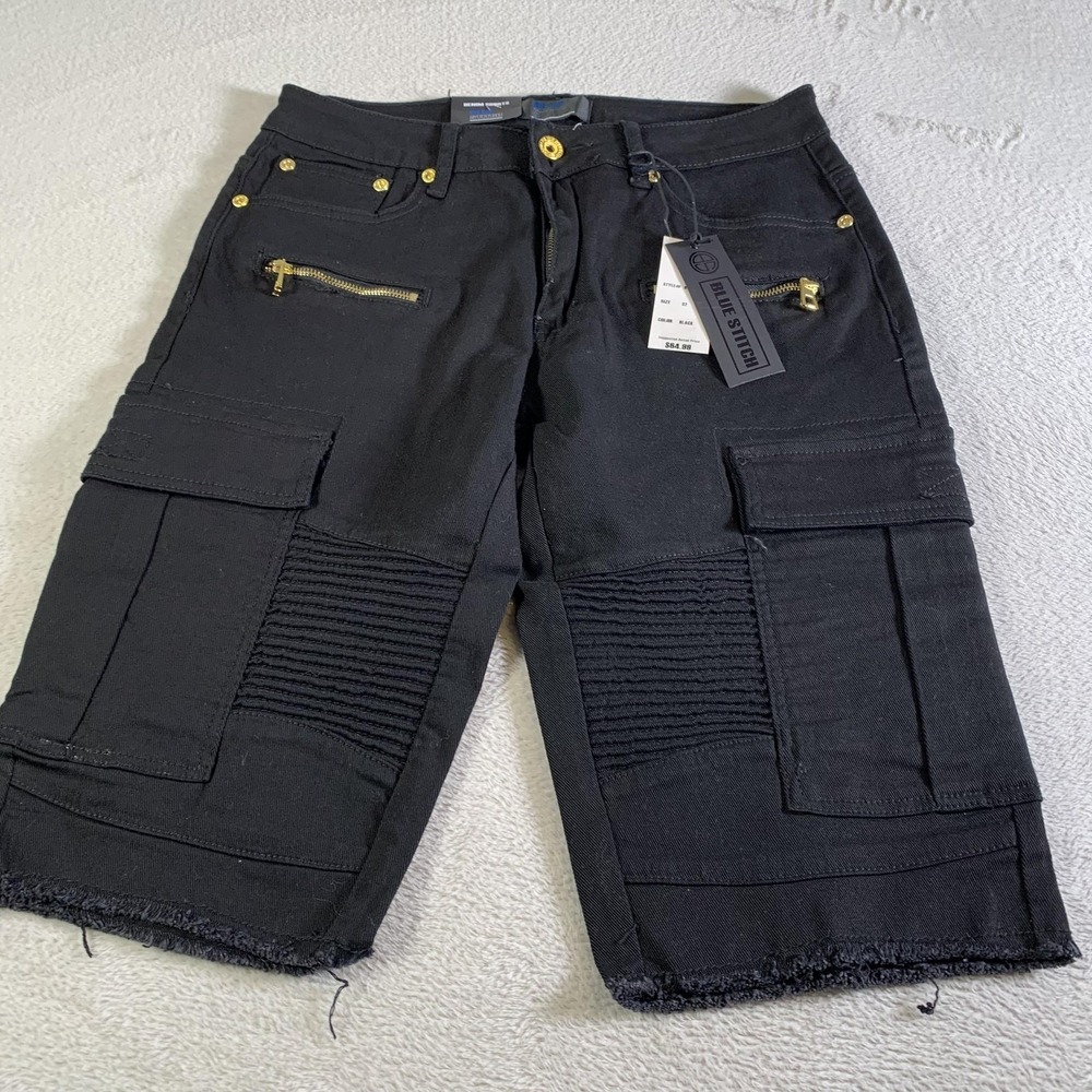 Blue Stitch Cargo Shorts Mens 32 Black Moto Biker Denim Stretch 14" Inseam NEW